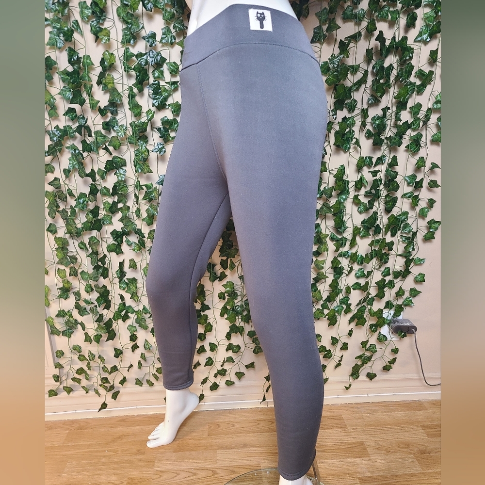 ​Sherpa Lined Fleece Leggings Charcoal Grey Thermal Winter Pants Cat Detail - Picture 4 of 14